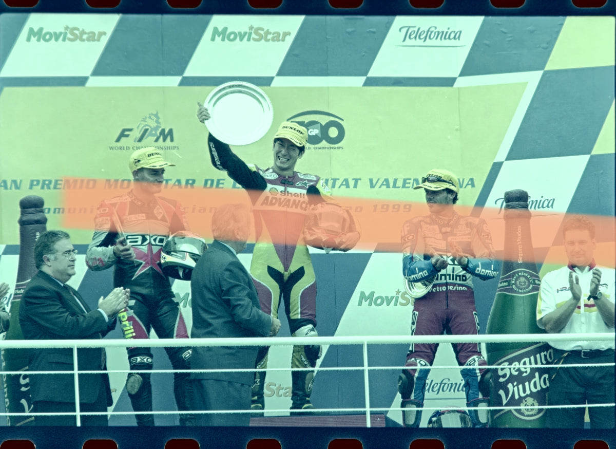 Original photographic negative podium Ukawa Battaini Capirossi motorcycling GP Valencia 250cc 1999 35mm film Rare