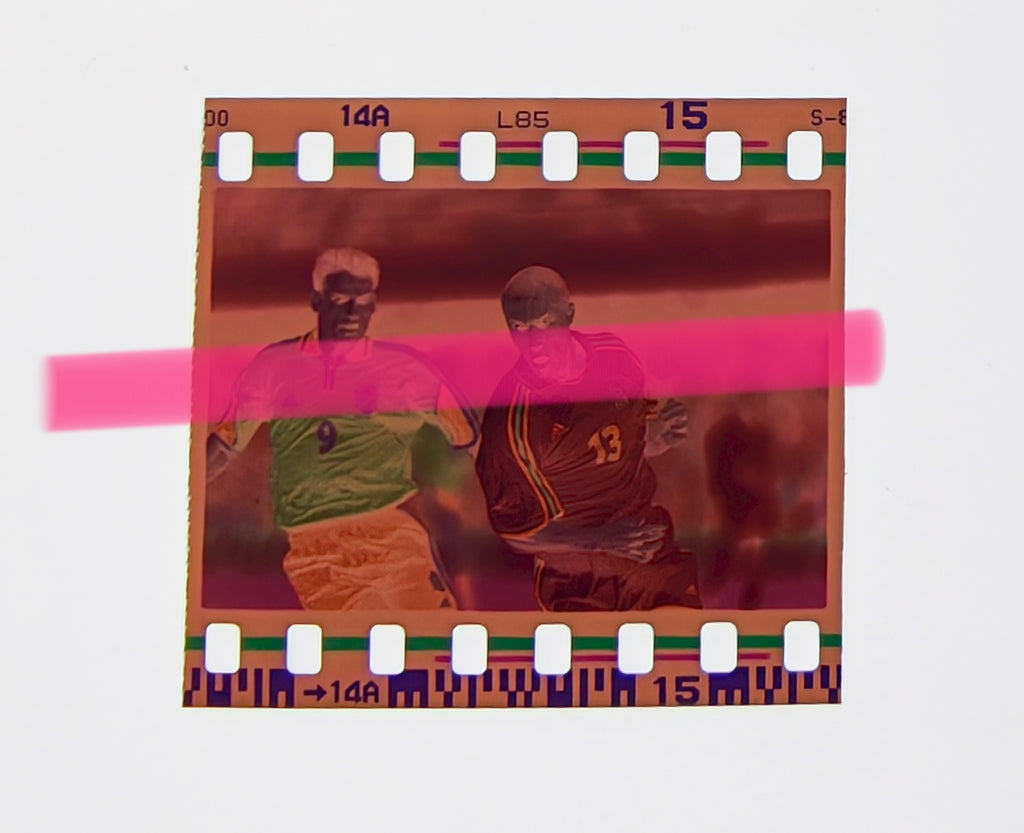 Original photographic negative Mikaël Silvestre and Fernando Morientes France Spain national teams vying for the ball Mestalla 2001 35mm film Rare