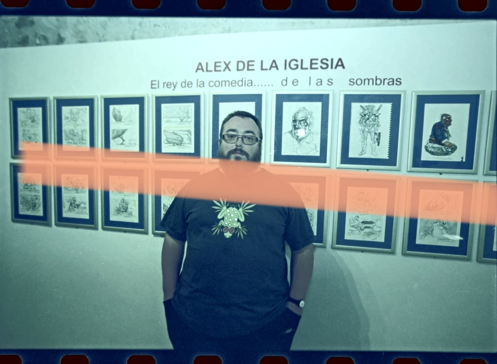 Original photographic negative Álex de la Iglesia standing in front of graphic display Valencia 2002 35mm film Rare