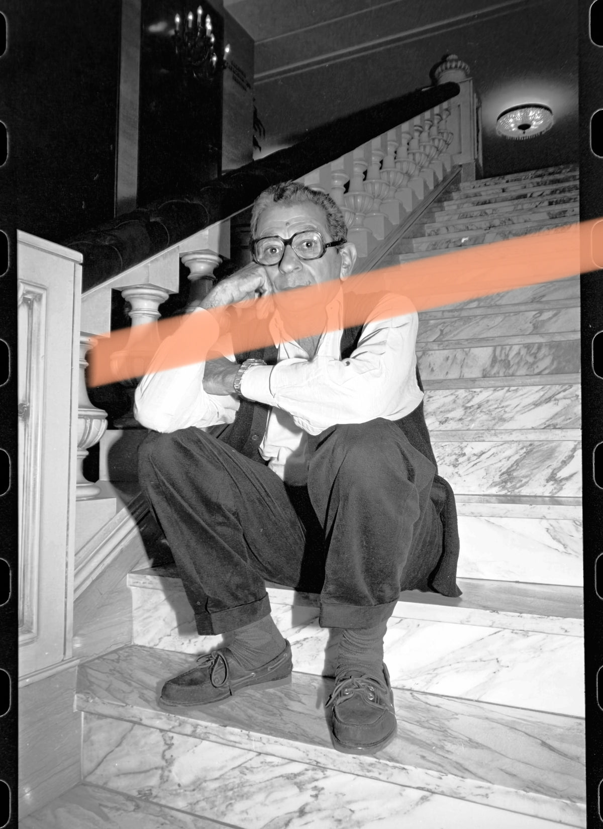 Original photographic negative Youssef Chahine sitting on stairs Valencia 1992 35mm film Rare