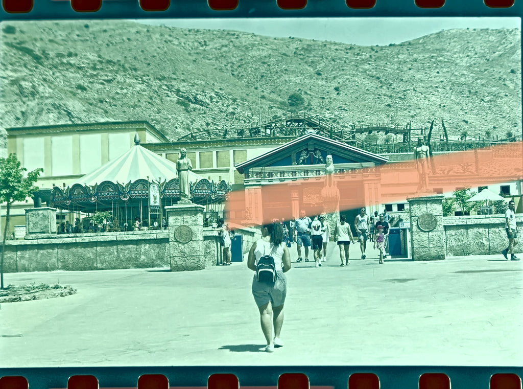 Original photographic negative Terra Mítica visitor walking towards the park second day of opening Benidorm 2000 35mm Rare