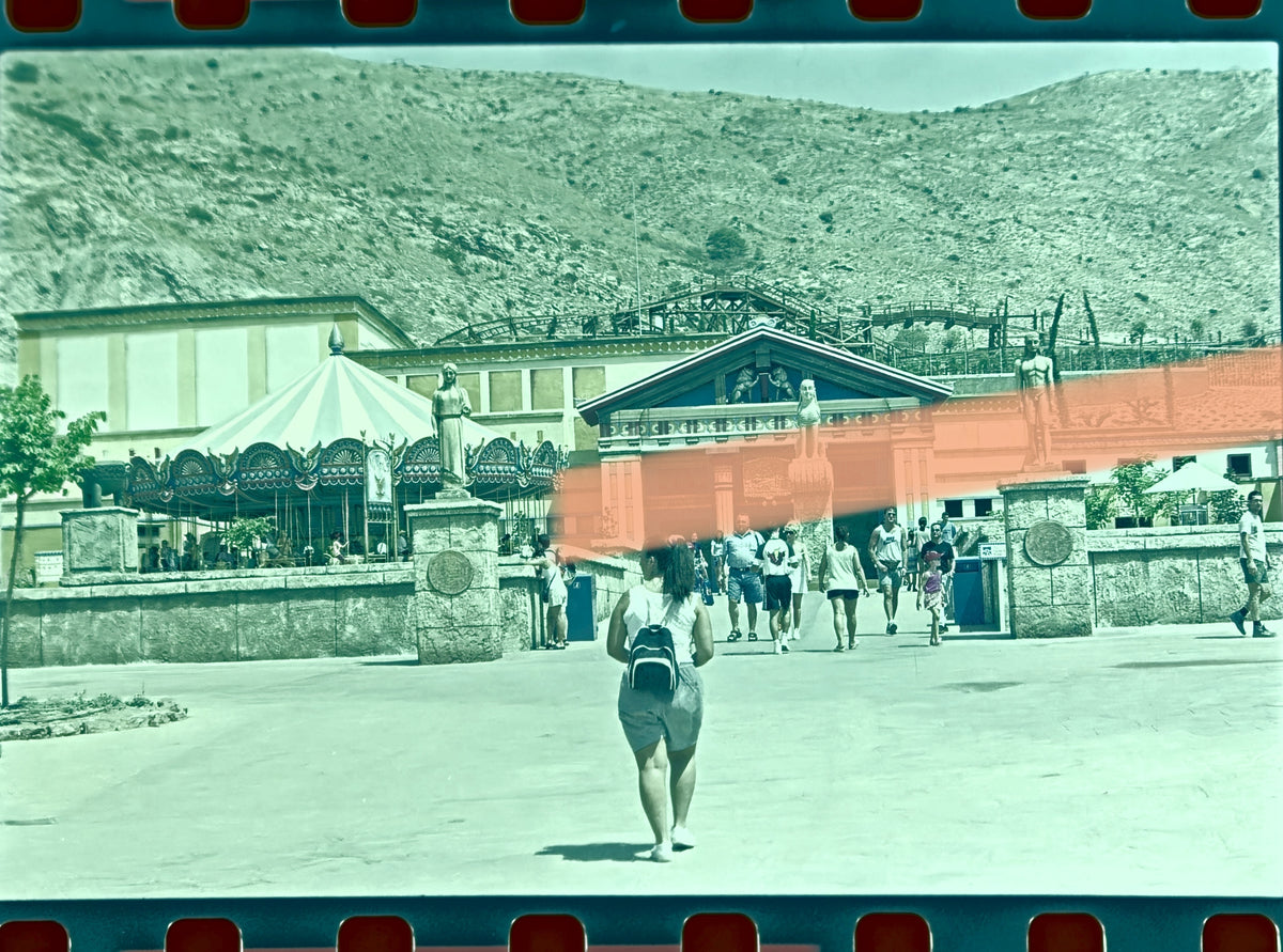 Original photographic negative Terra Mítica visitor walking towards the park second day of opening Benidorm 2000 35mm Rare