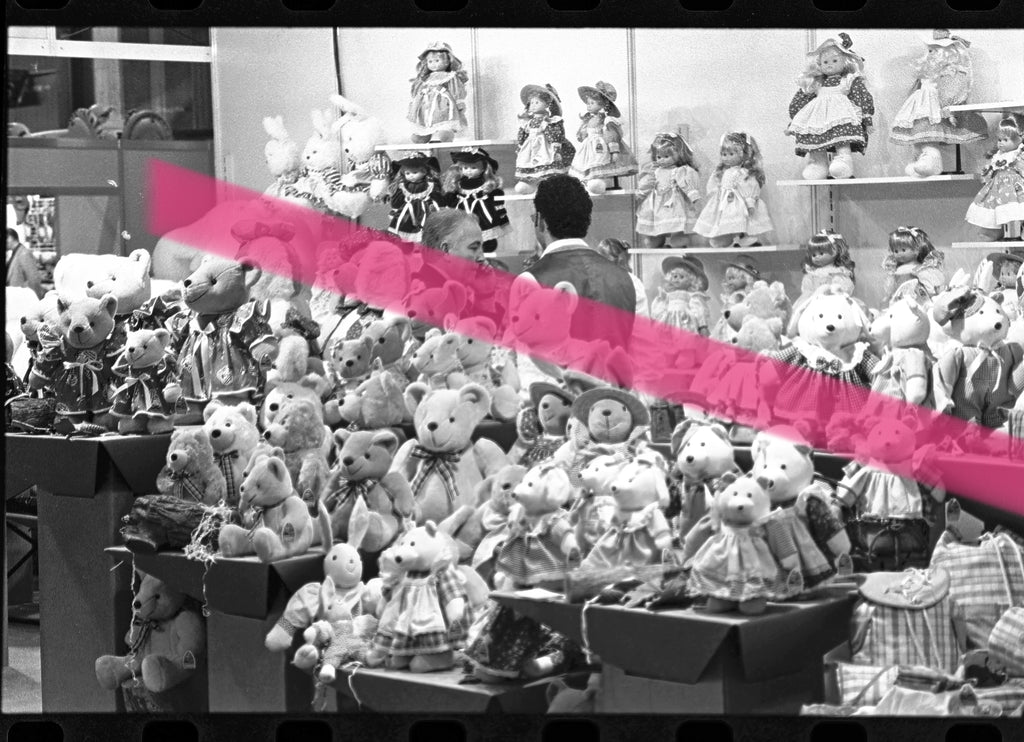 Original photographic negative of a multitude of stuffed animals and dolls exhibited at the 1996 Valencia International Toy Fair, 35mm film, Rare
