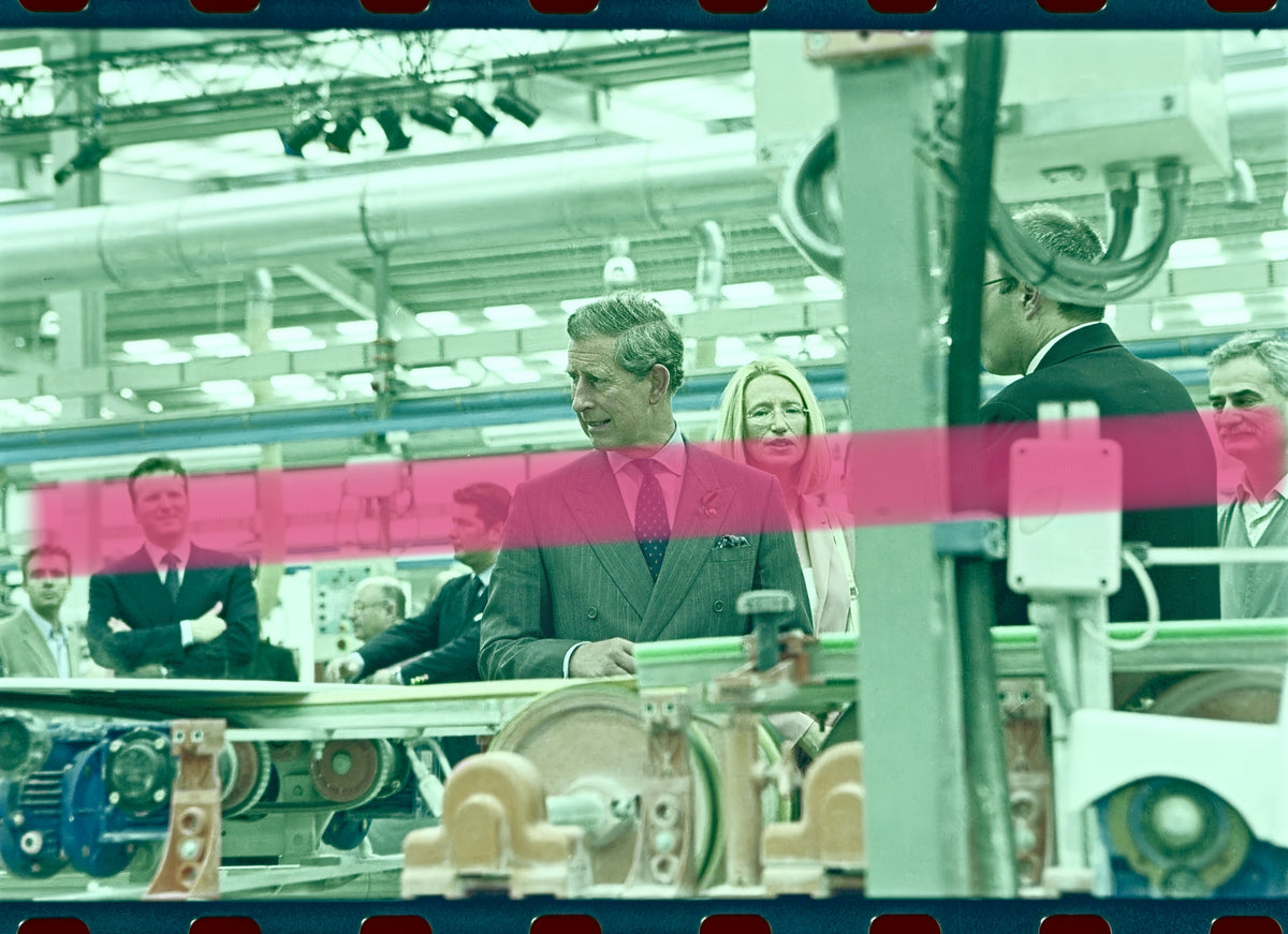 Original photographic negative Prince Charles of England among machinery Porcelanosa Vila-real 2001 35mm film Rare