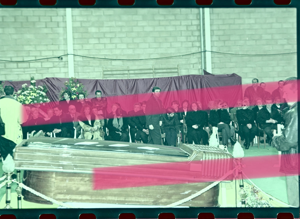 Original photographic negative Ricardo Tormo motorcycle racer coffin and attendees at funeral chapel Canals 1998 35mm film Rare
