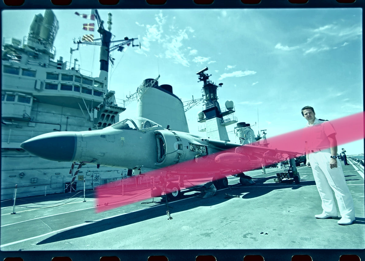 Original official Royal Navy photographic negative of a Sea Harrier FA2 on the deck of British aircraft carrier HMS Ark Royal Alicante 2002 35mm film Rare