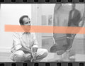 Original photographic negative Darío Villalba artist examining a work during the anthological exhibition IVAM Valencia 1994 35mm film Rare