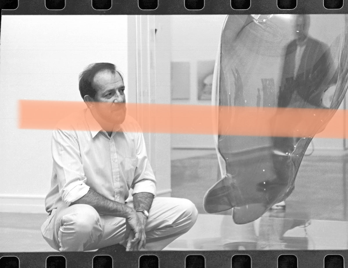 Original photographic negative Darío Villalba artist examining a work during the anthological exhibition IVAM Valencia 1994 35mm film Rare