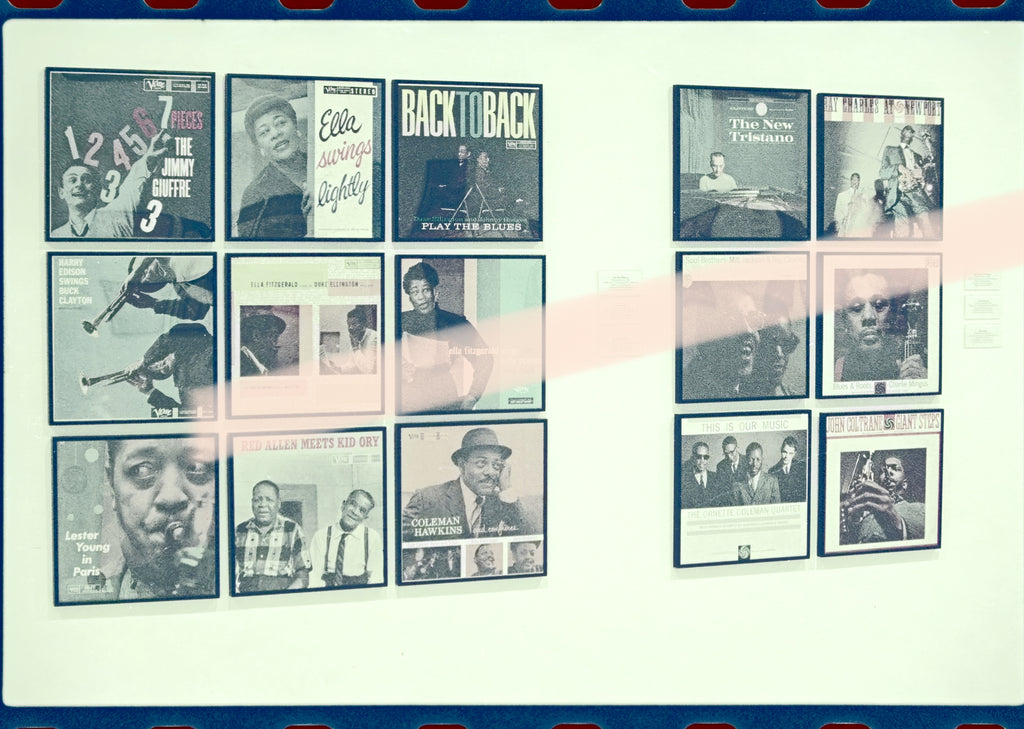 Negativo fotográfico original portadas Ella Fitzgerald John Coltrane Charles Mingus exposición Jazz gráfico IVAM Valencia 1999 35mm film Rare