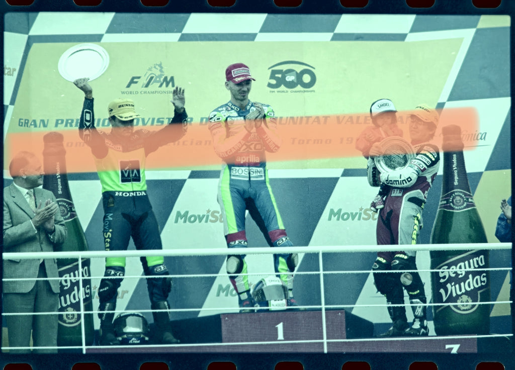 Original photographic negative podium Scalvini Alzamora Ueda motorcycling GP Valencia 125cc 1999 35mm film Rare