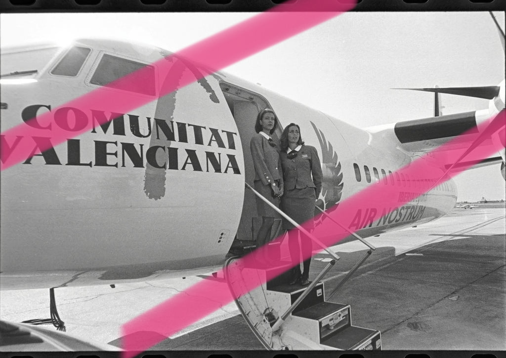 Original photographic negative Air Nostrum flight attendants on Fokker 50 EC-GKV Iberia Regional Comunitat Valenciana Valencia 1997 35mm film Rare