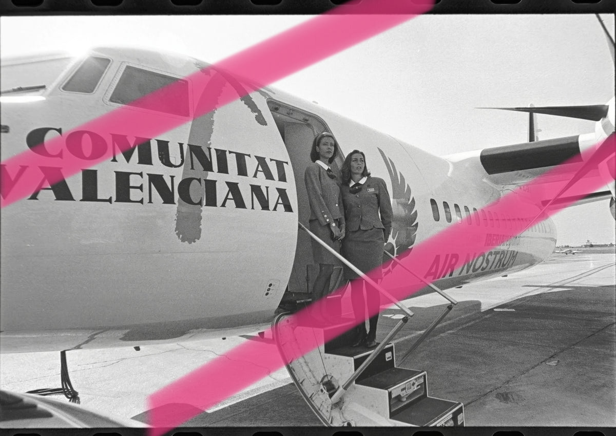 Original photographic negative Air Nostrum flight attendants on Fokker 50 EC-GKV Iberia Regional Comunitat Valenciana Valencia 1997 35mm film Rare