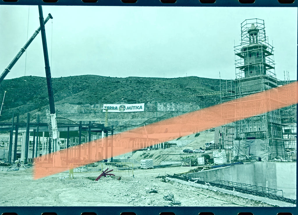 Original photographic negative Terra Mítica tower between scaffolding and cranes during construction Benidorm 1999 35mm film Rare