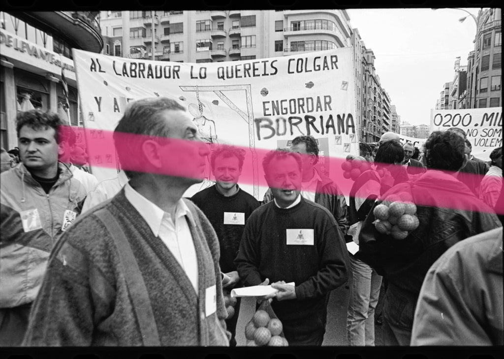 Negativo fotográfico original agricultores con naranjas y pancarta de protesta crisis citrícola Valencia 1992 35mm film Rare
