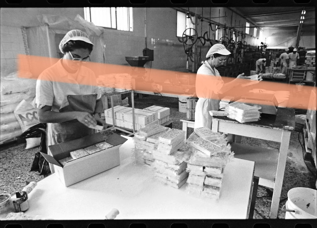 Original photographic negative workers in production area nougat factory Jijona Alicante 1995 35mm film Rare