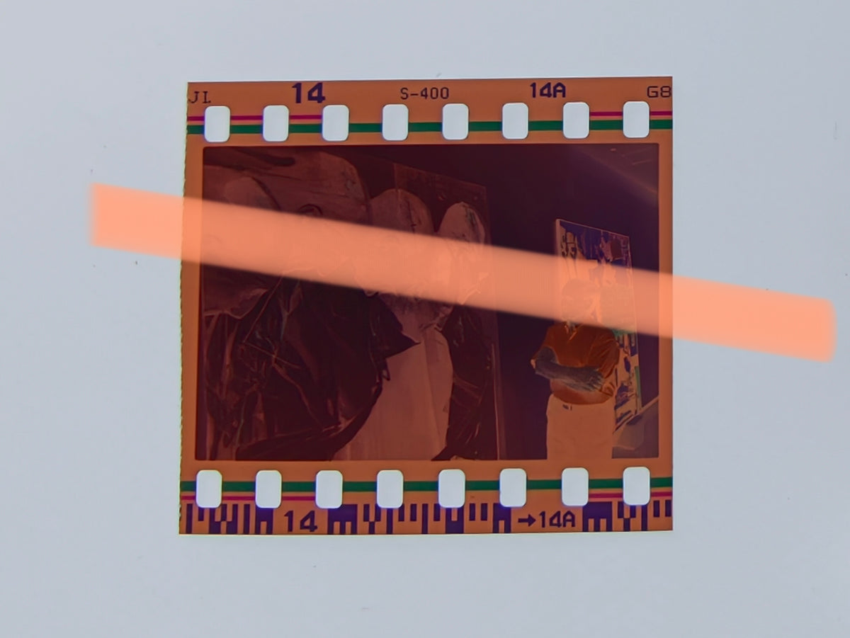 Original photographic negative Jesús Martínez Guerricabeitia in front of an artwork by Equipo Realidad Valencia 1999 35mm film Rare