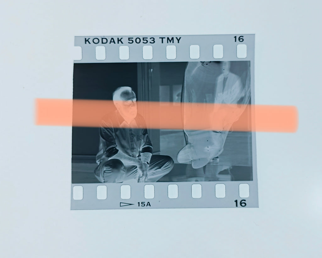 Original photographic negative Darío Villalba artist examining a work during the anthological exhibition IVAM Valencia 1994 35mm film Rare