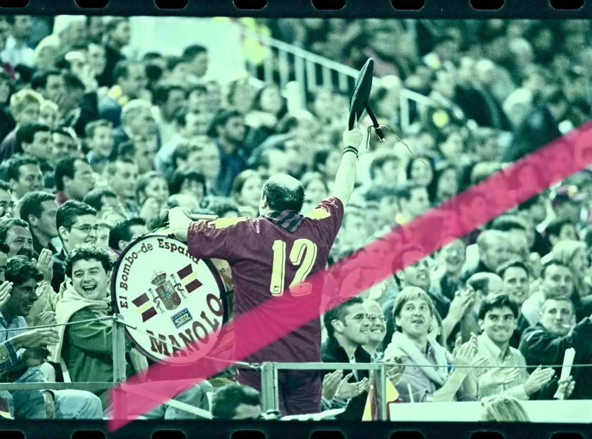 Original photographic negative Manolo el del Bombo Spanish national football team fan cheering in Mestalla Spain France 2001 35mm film Rare