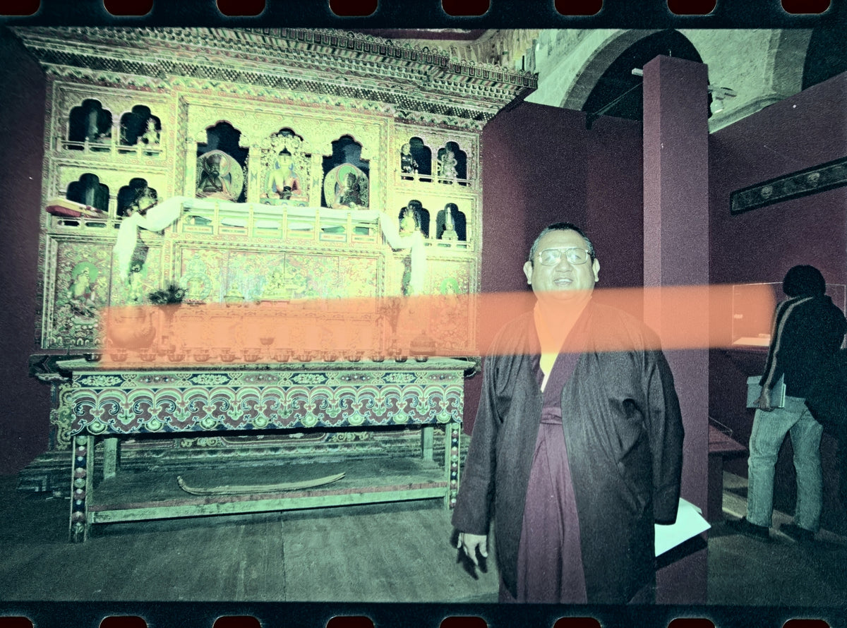Original photographic negative depicting a Bhutanese representative next to an altar, Bhutan exhibition, L'Almodí, Valencia, 1999, 35mm film. Rare.