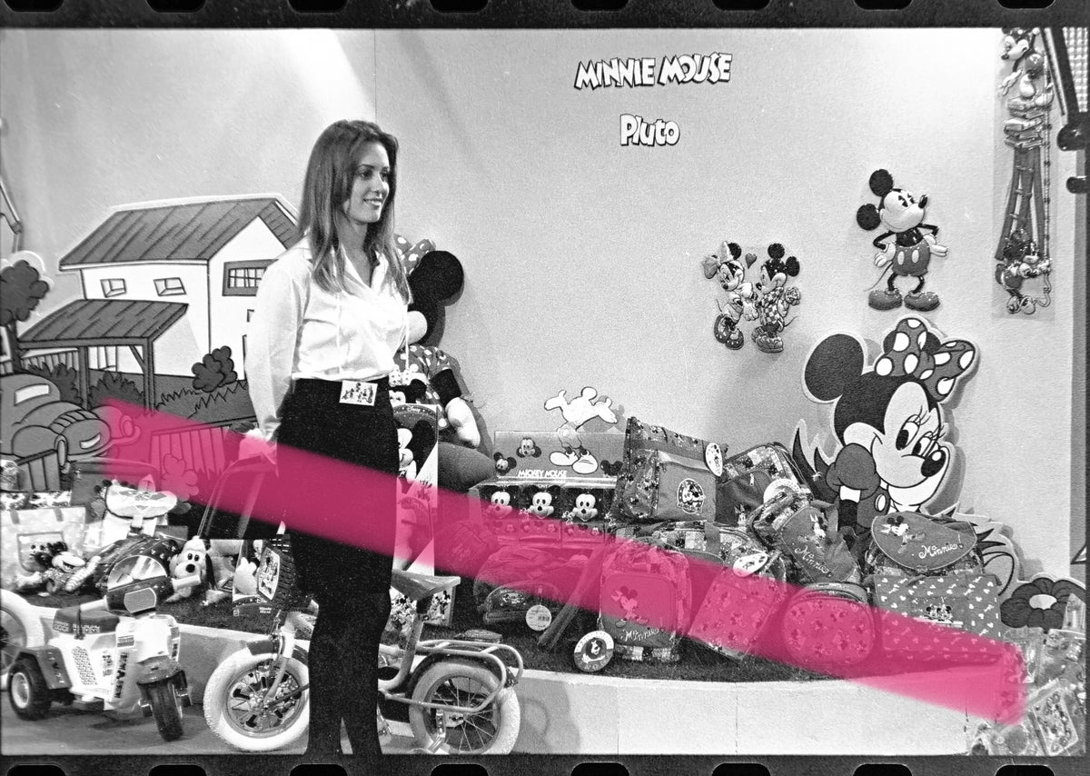 Original photographic negative of Minnie Mouse and Pluto products at the 1996 Valencia International Toy Fair, 35mm film, Rare