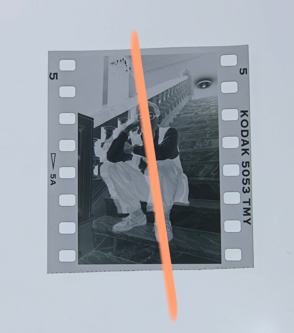 Original photographic negative Youssef Chahine sitting on stairs Valencia 1992 35mm film Rare