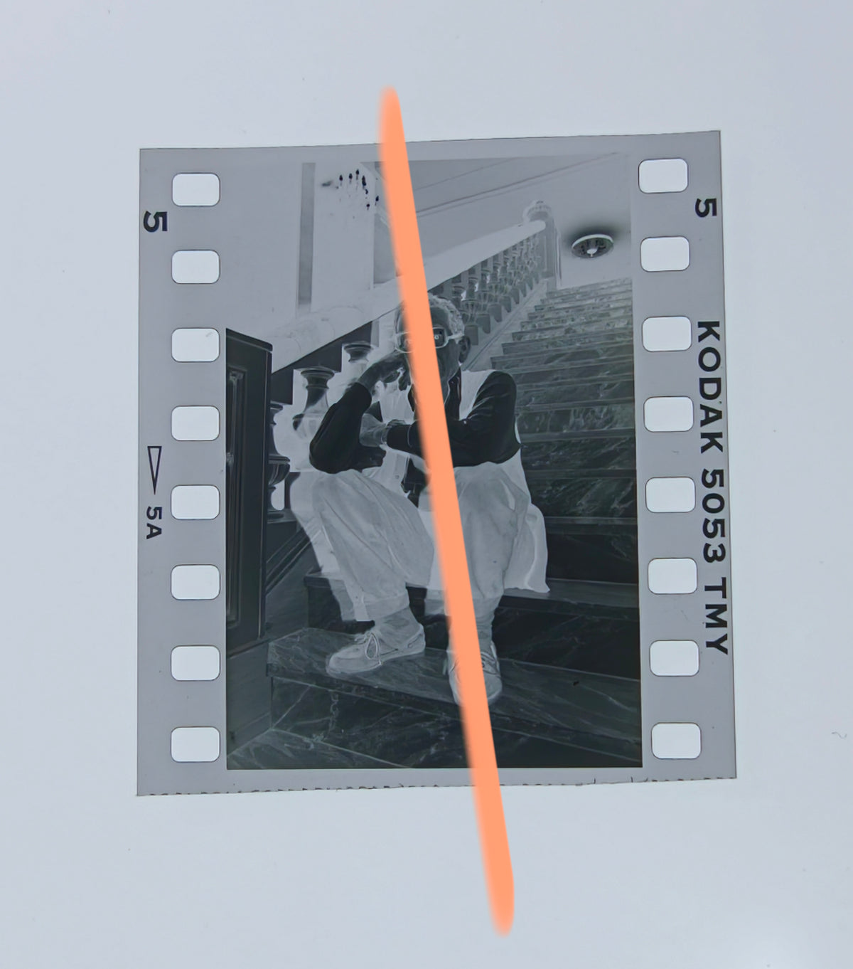 Original photographic negative Youssef Chahine sitting on stairs Valencia 1992 35mm film Rare