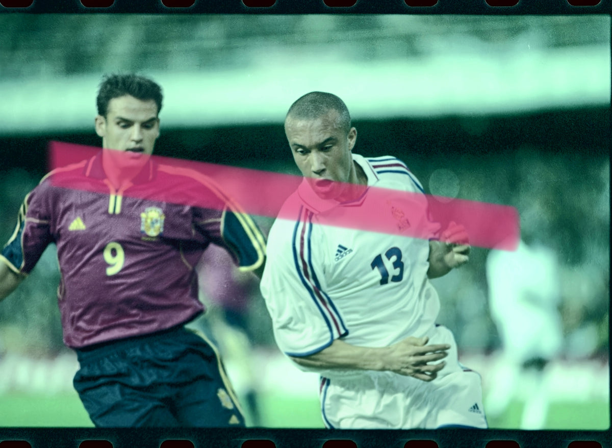 Original photographic negative Mikaël Silvestre and Fernando Morientes France Spain national teams vying for the ball Mestalla 2001 35mm film Rare