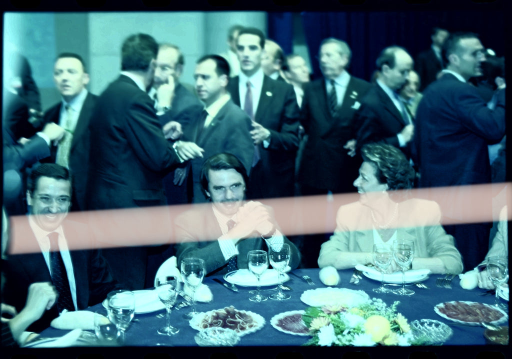 Original photographic negative of José María Aznar, Eduardo Zaplana, and Rita Barberá during a breakfast at Feria Valencia 2002, 35mm film, Rare