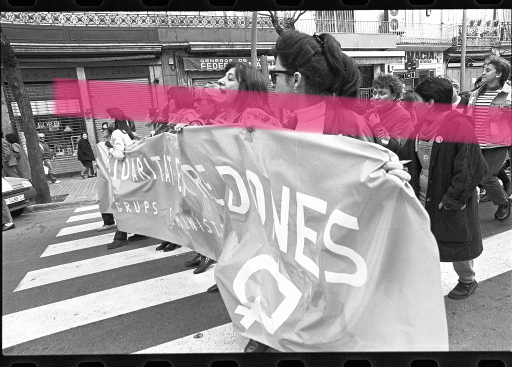 Original photographic negative, feminist symbol in the foreground during the March 8th march in Valencia, 1992, 35mm film, Rare