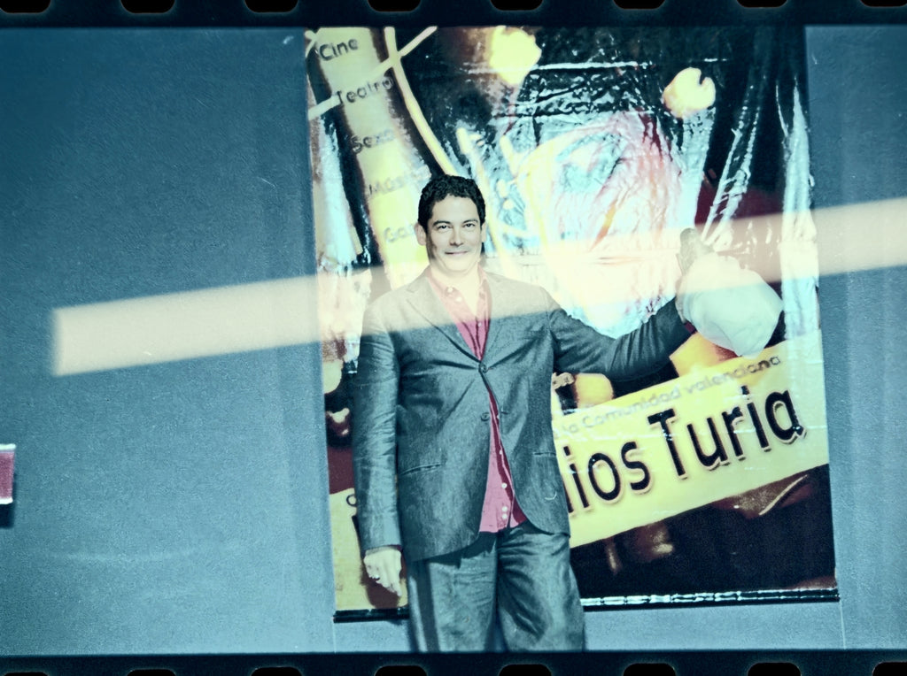 Original photographic negative of writer and presenter Boris Izaguirre showing the Huevo de Colón Award, Turia Awards Valencia 2000, 35mm film, Rare