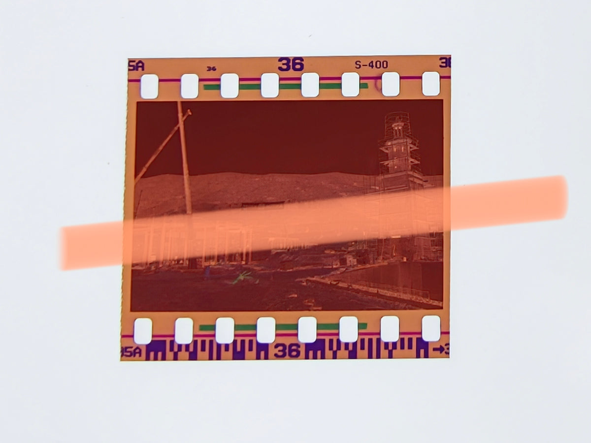 Original photographic negative Terra Mítica tower between scaffolding and cranes during construction Benidorm 1999 35mm film Rare