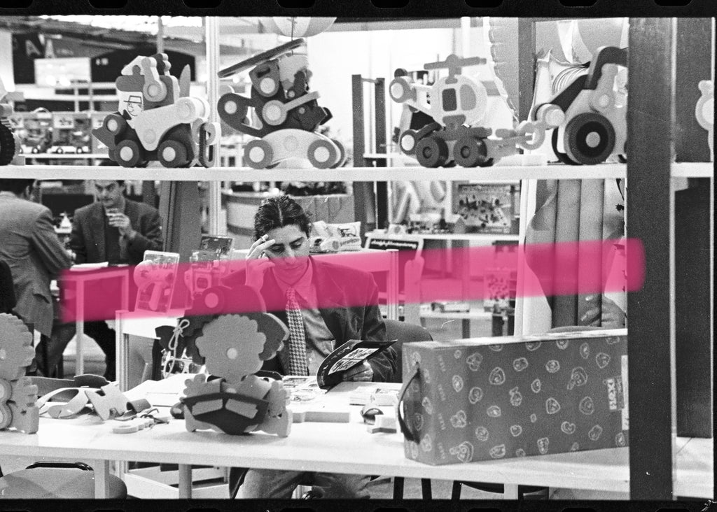 Original photographic negative of a wooden toy universe at a booth at the Valencia International Toy Fair 1996, 35mm film, Rare