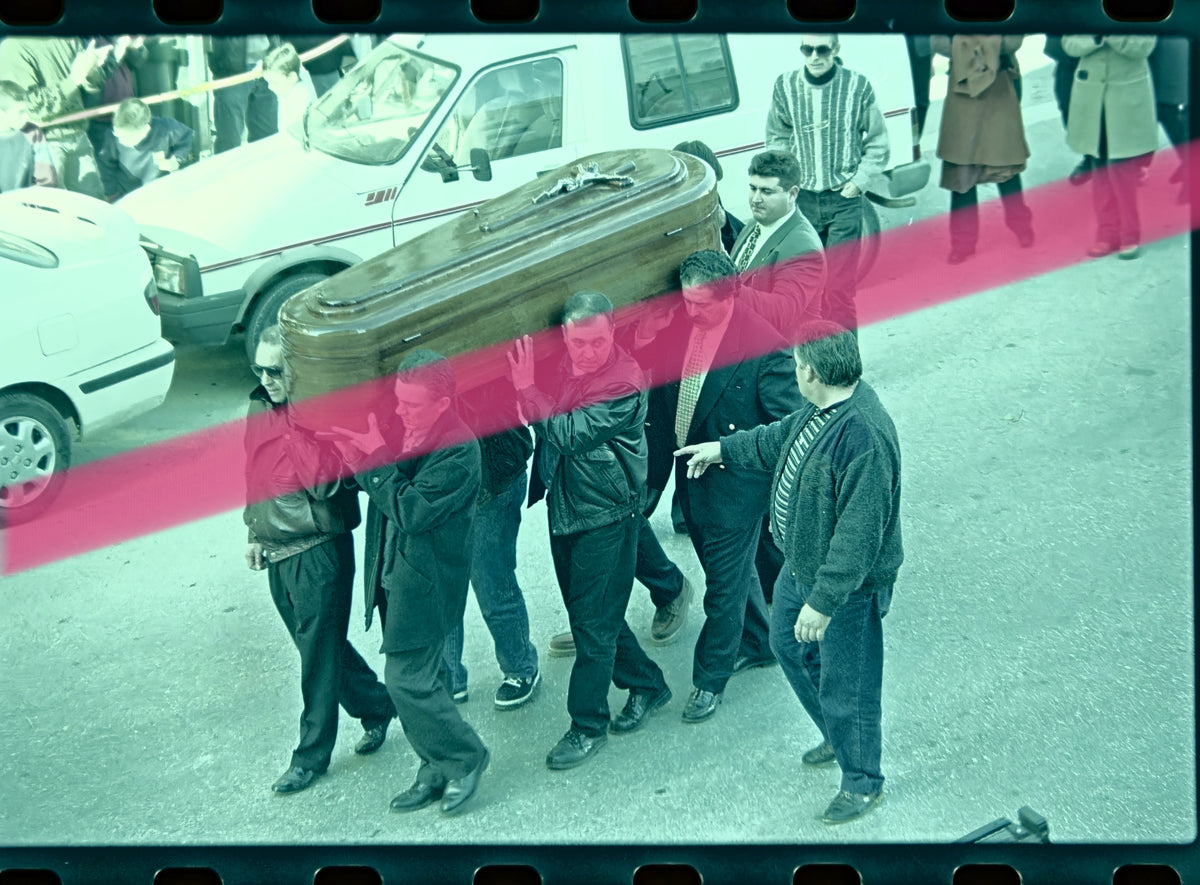 Original photographic negative Ricardo Tormo motorcycle racer coffin carried on shoulders elevated view Canals 1998 35mm film Rare
